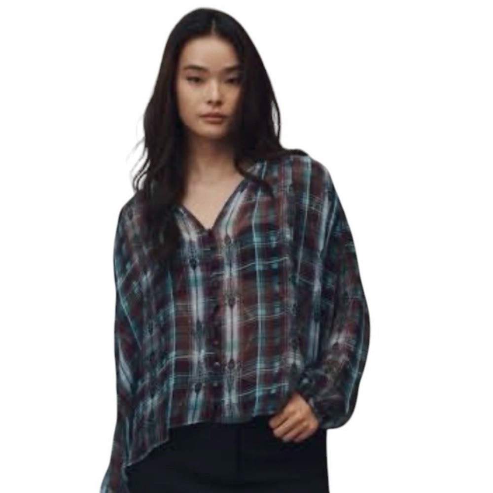 Anthropologie Sheer Blouse 3X Sheer Plaid Boho Damask Button Front Peasant Top